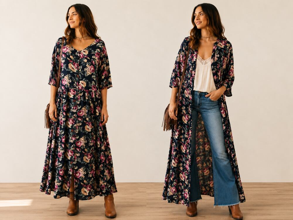 90s VTG Scarlet Floral Maxi Dress S Black Rayon Gauze Button Front Duster Boho